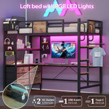 Loft Bed with Desk,Twin Loft bed with 5 Storage Drawers & 2 open Shelves & LED Light and Charging Station,Loft Bed