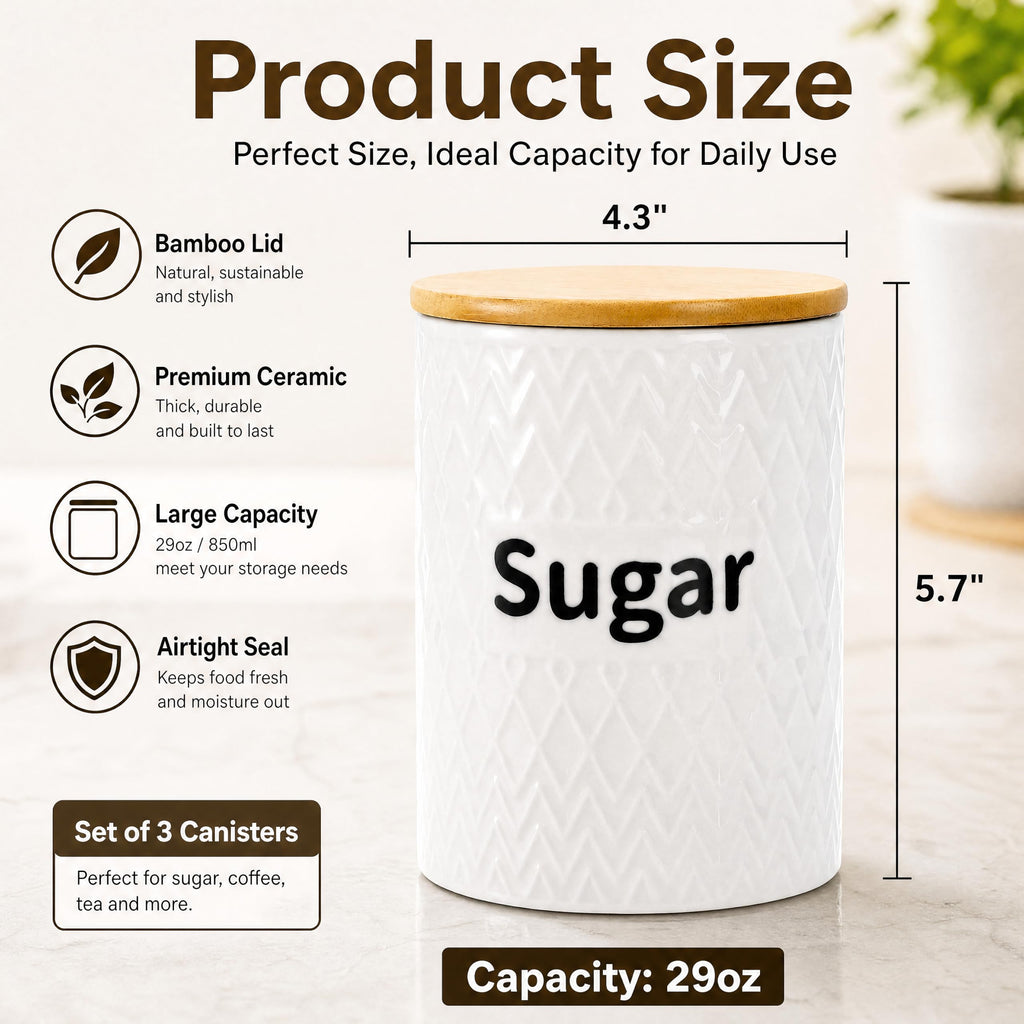 3 Pack Ceramic Kitchen Canister Set, 29oz Airtight Food Storage Jars with Bamboo Lids, Tea Coffee Sugar Container Set