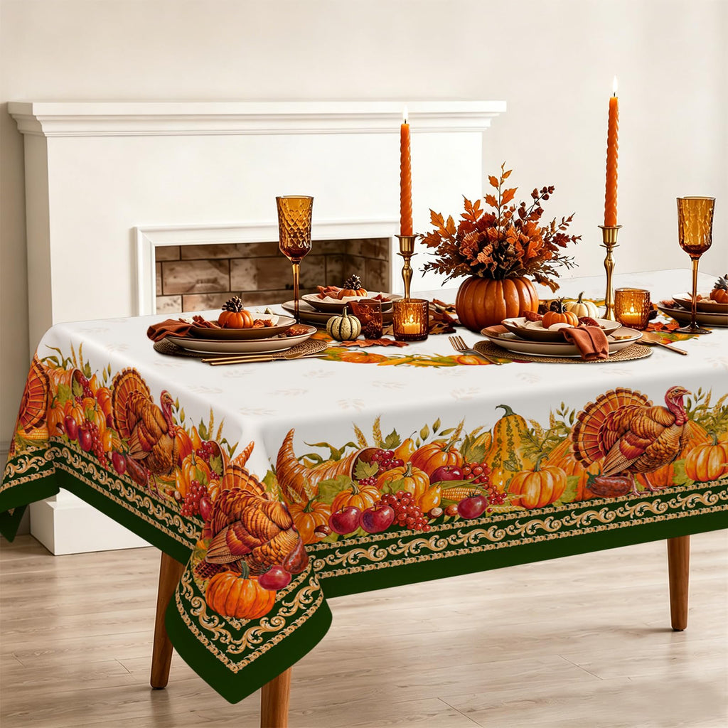 Rectangle Fall Tablecloth 60x120 Inch, Thanksgiving Autumn Harves Turkey Pumpkin Table Cloth, Waterproof Wrinkle