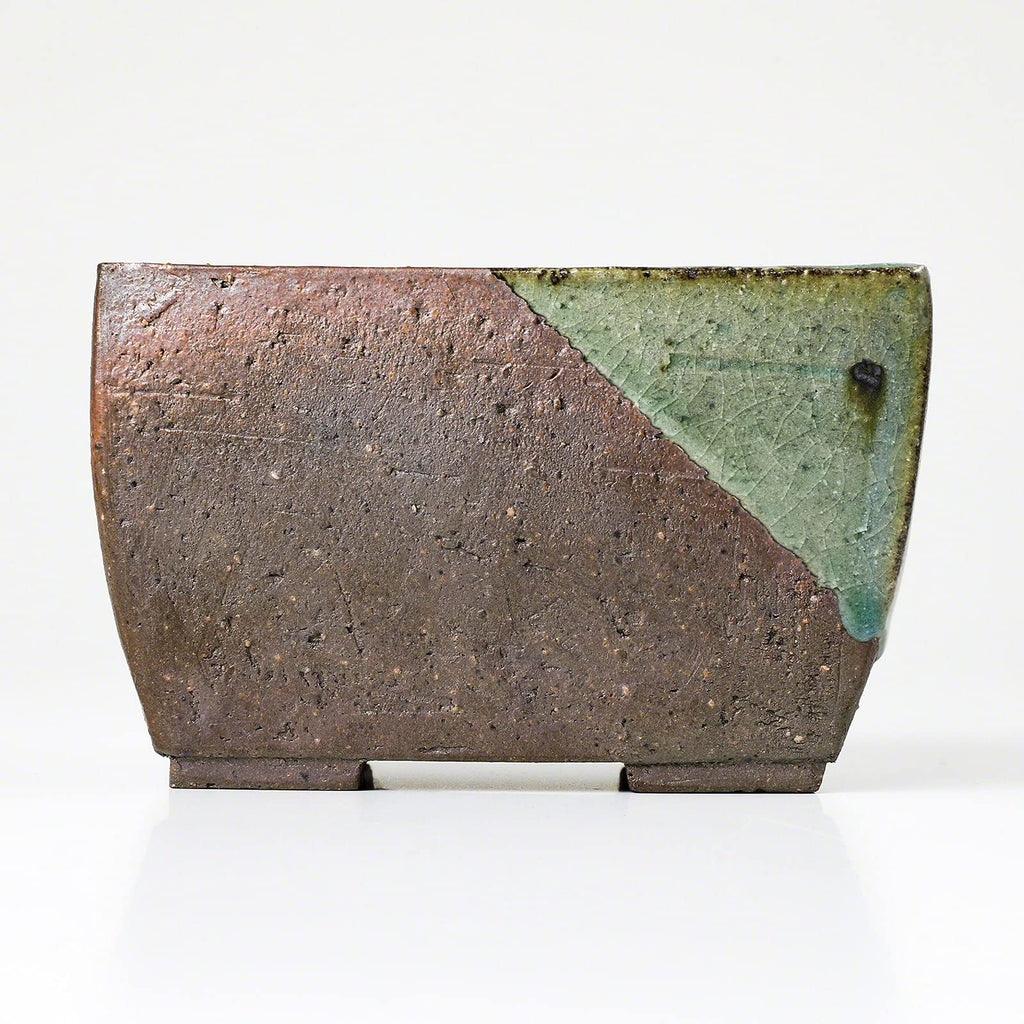 Tokoname Rectangular Bonsai Pot 5.3in, Handmade, Brown and Green