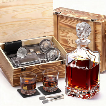Lion Head 14-Piece Crystal Whiskey Decanter Set - 750ml Lead-Free Hand-Blown, 2 Glasses, 6 Stainless Stones, Coasters - Set of 14