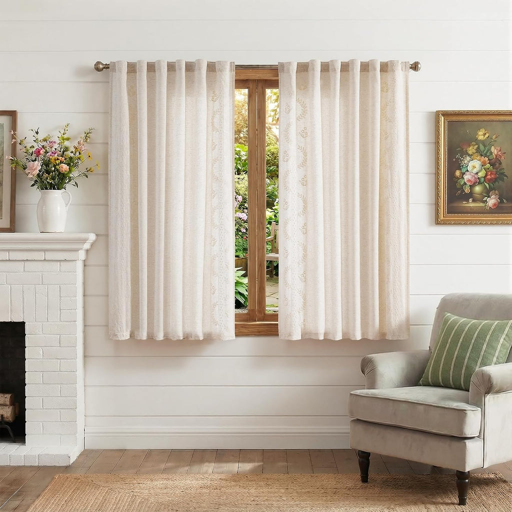 Belrose Linen Floral Cafe Curtains 45 Inch Length Embroidered Farmhouse Curtains for Kitchen Bedroom Bathroom Small