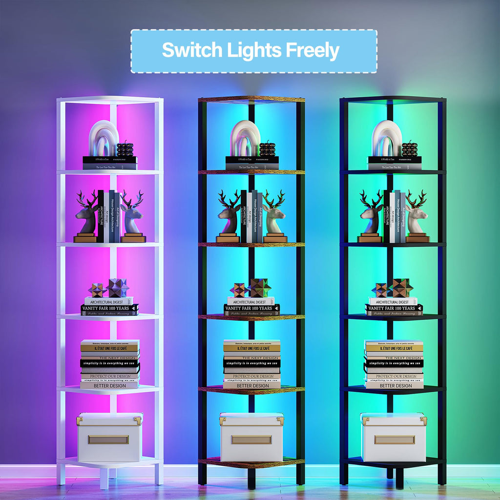 Corner Shelf with LED Light, 6-Tier Corner Bookshelf