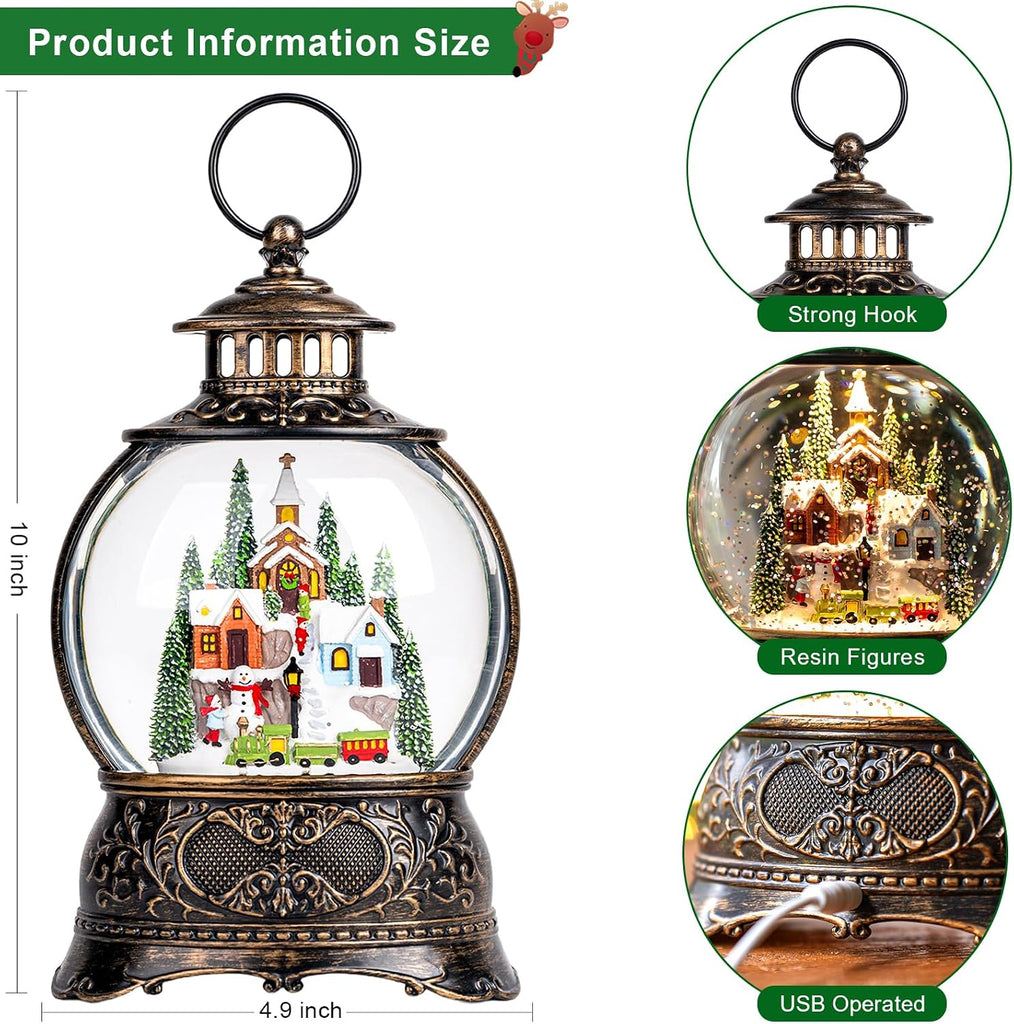 Christmas Snow Globes Christmas Water Lantern with Snowy Train Snowman, Music & 6H Timer, USB Lined/Battery Operated