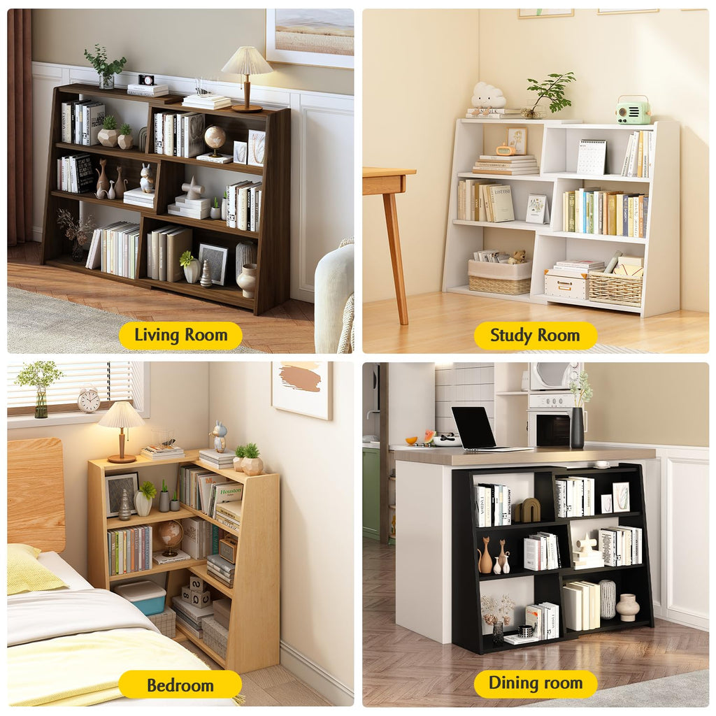 Wooden Extendable Shelf Bookcase, 3-Tier Low Bookshelf, Walnut, S