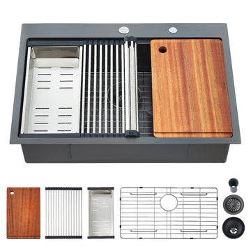 Drop-in - Single Bowl Workstation with Cutting Board, 30 x 22 x 10, Gunmetal Black, 16 Gauge Stainless Steel