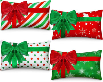 Christmas Pillow Covers 12 x 20 Inch Gift Box 3D Bows - Set of 4