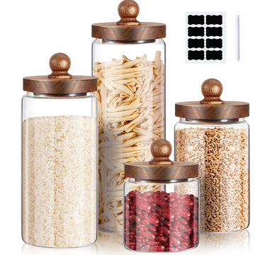 Glass Storage Jars Set of 4, Clear Containers with Wooden Lids