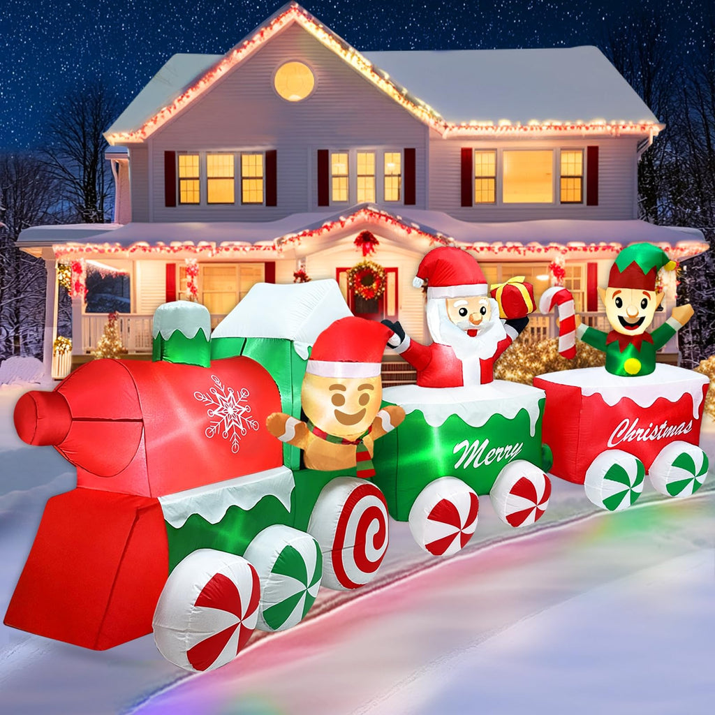 Extra Long 12 Ft Christmas Inflatables Train with Santa Claus Gingerbread Man Elf Blow Up Inflatable Outdoor