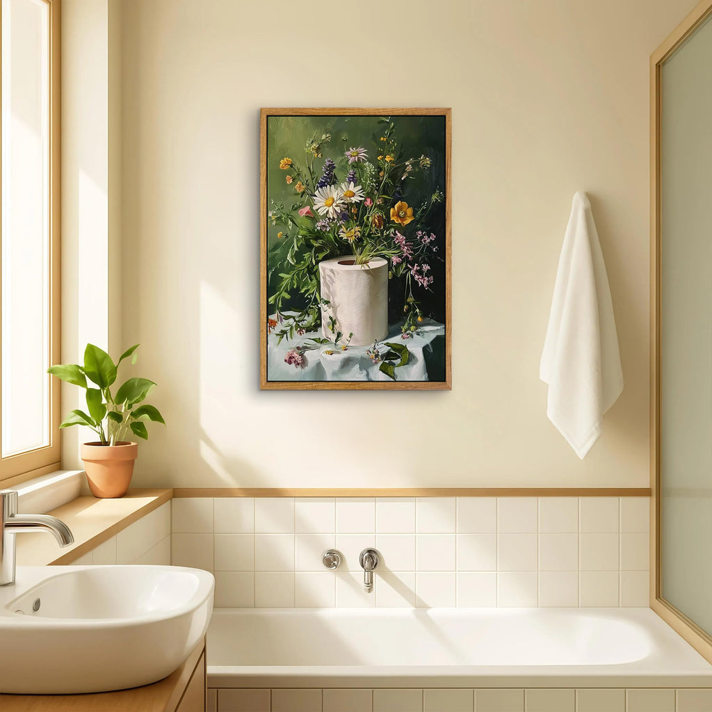 Framed Funny Bathroom Wall Art, 16 * 24 Inches, Toilet Paper Floral Wall Decor, Vintage Botanical Canvas Print