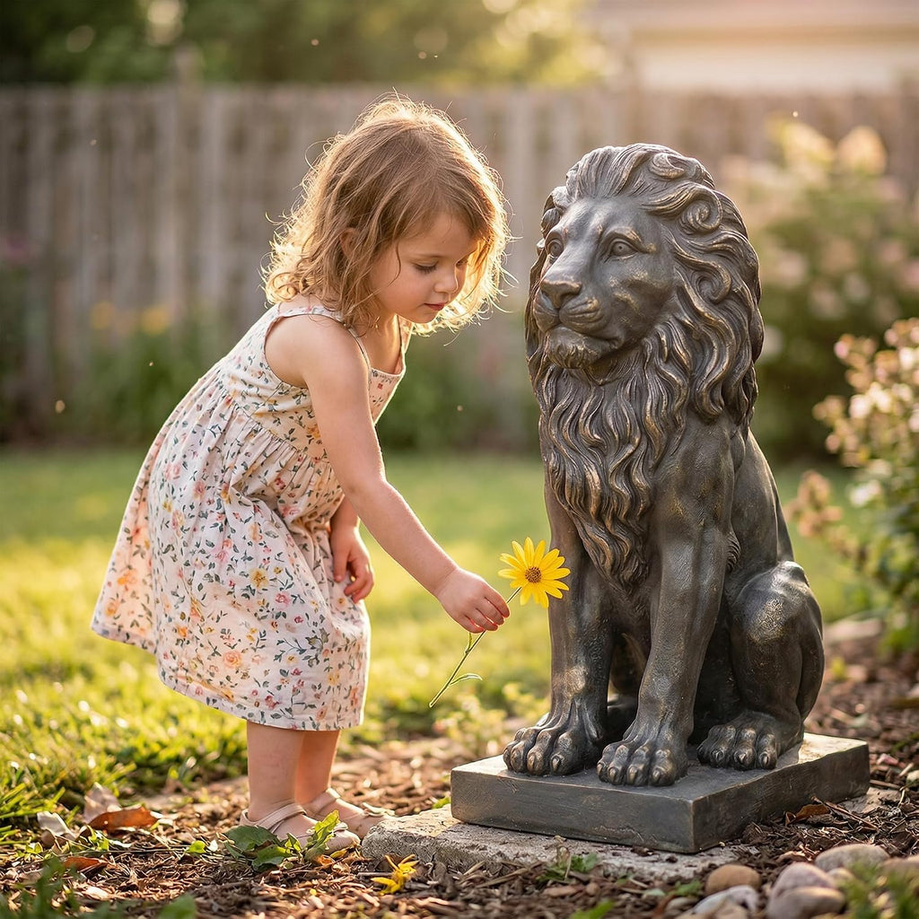 Sculptures Garden Statues, Outdoor Lion Statue 27in Tall, Magnesium Oxide Stone Composite Animal Sculpture Statue