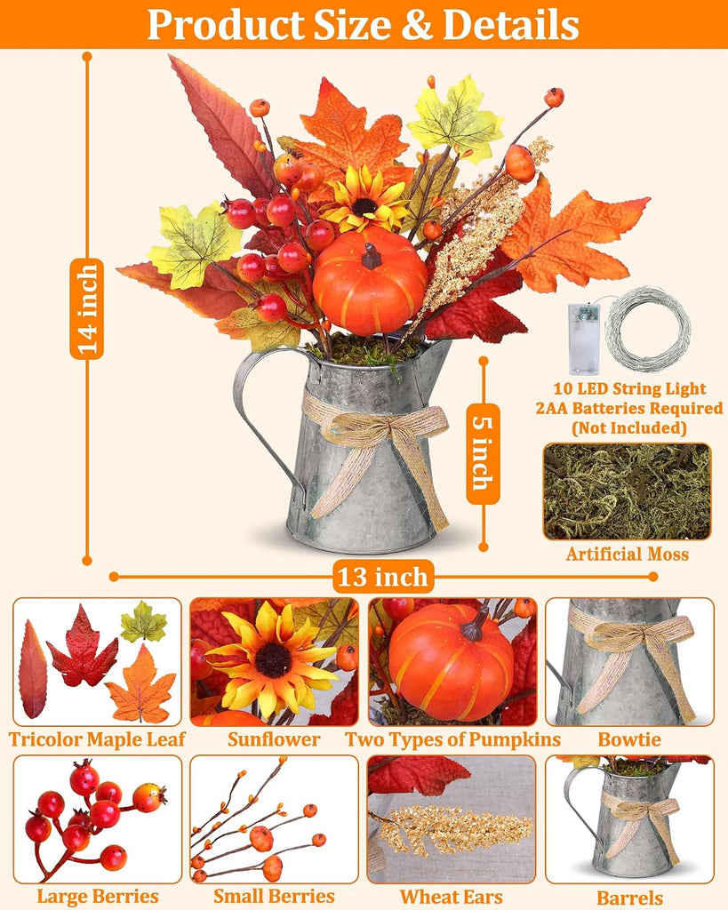 [Light & Timer] Fall Decor Table Centerpiece Rustic Metal Milk Jug with Artificial Orange Maple Tree Pumpkin