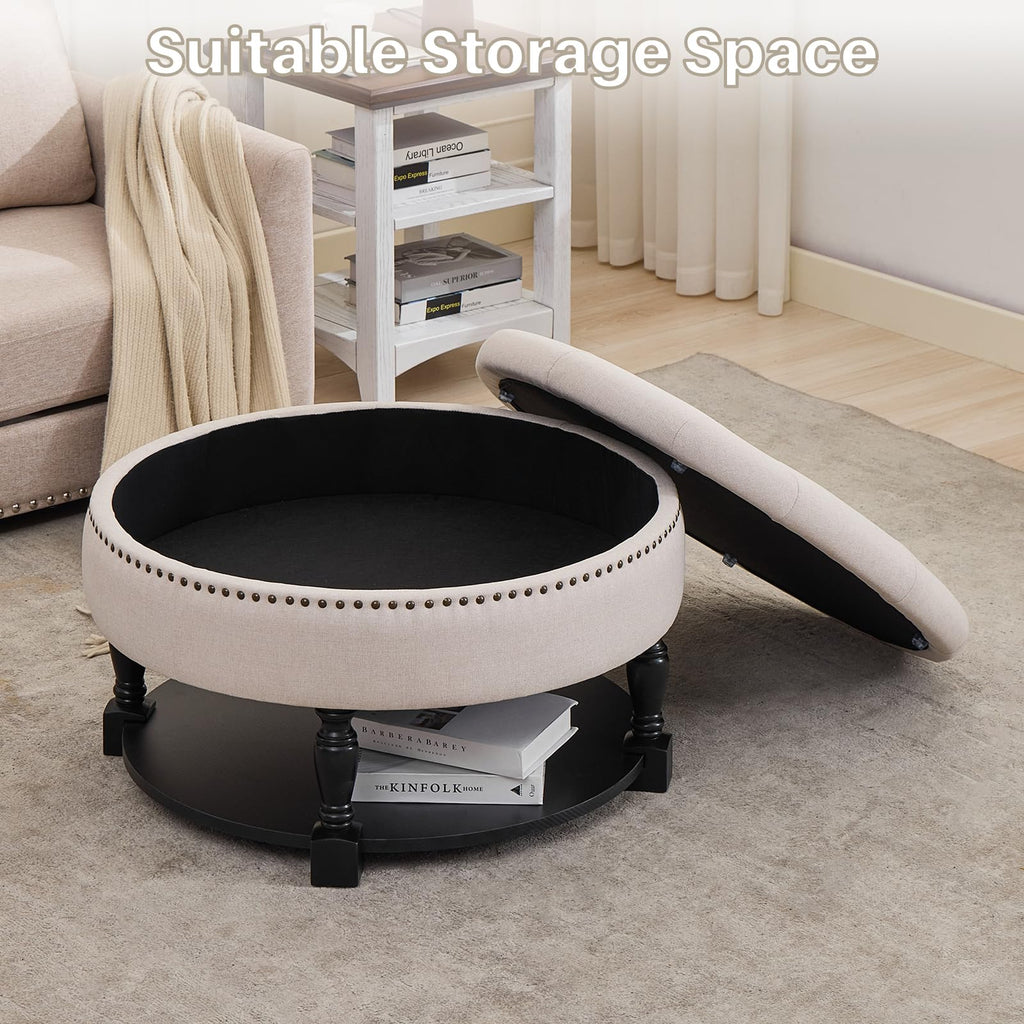 Round Storage Ottoman Coffee Table with Shelf, Tufted Fabric, Beige