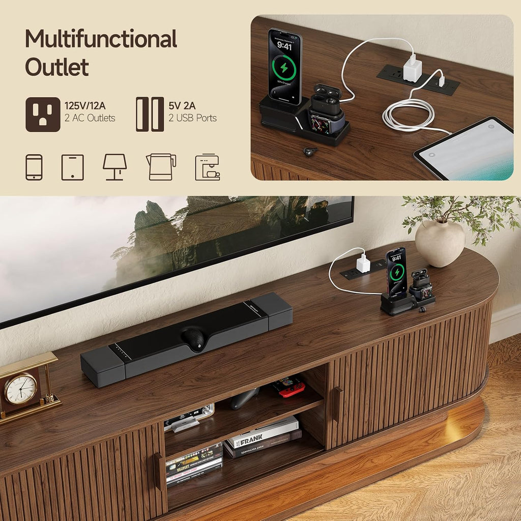 70" TV Stand up to 80 Inch, Entertainment Center with LED Lights and Storage, Mid Century Modern Fluted TV Console
