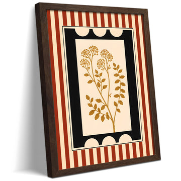 Vintage Framed Wildflower Wall Art, Botanical Flower Wall Decor Painting, Retro Red Striped Mid Century Modern