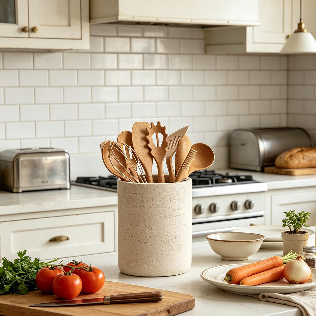 Rustic Beige Stone-Look Utensil Crock Counter - 6" x 7" Heavy Resin Holder with Non-Slip Base, Organizes Wooden