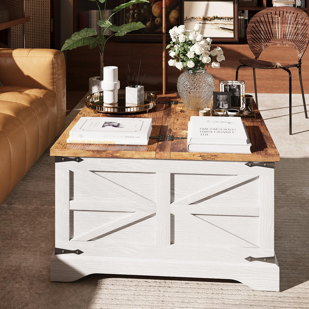 Farmhouse Coffee Table with Storage, Square Coffee Tables, Rustic Wood Center Table with Hinged Lifting Tabletop