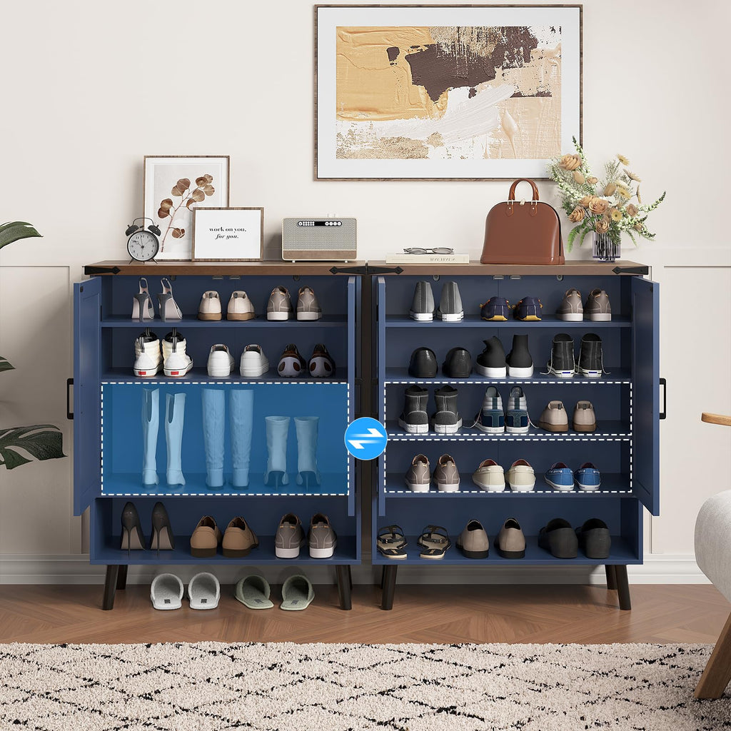 34" Tall Farmhouse Shoe Storage Cabinet with Barn Doors, Navy Blue