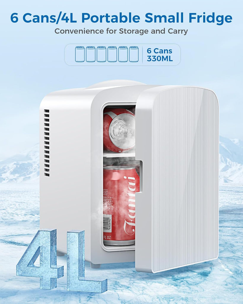 4L/6 Cans Mini Fridge, Portable Compact Refrigerator, Small Skin Care Fridge, Food and Drinks, Small Cooler for