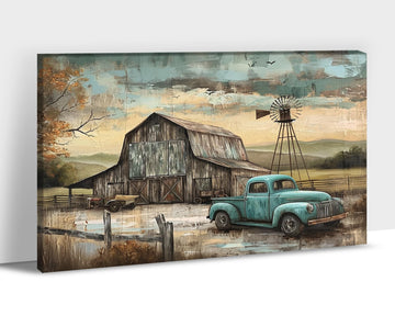 Farmhouse Prints Wall Art, Vintage Barn and Old Truck Picture Canvas Wall Art, Retro Windmill Canvas Prints, Country