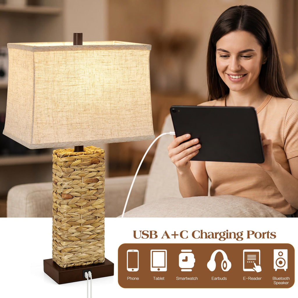 Rattan Table Lamps Set of 2, Bedside Lamps Nightstand