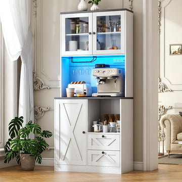 71" Tall Coffee Bar Cabinet with Storage Hutch, Farmhouse Kitchen Pantry Cabinet with LED Lights Microwave Stand and