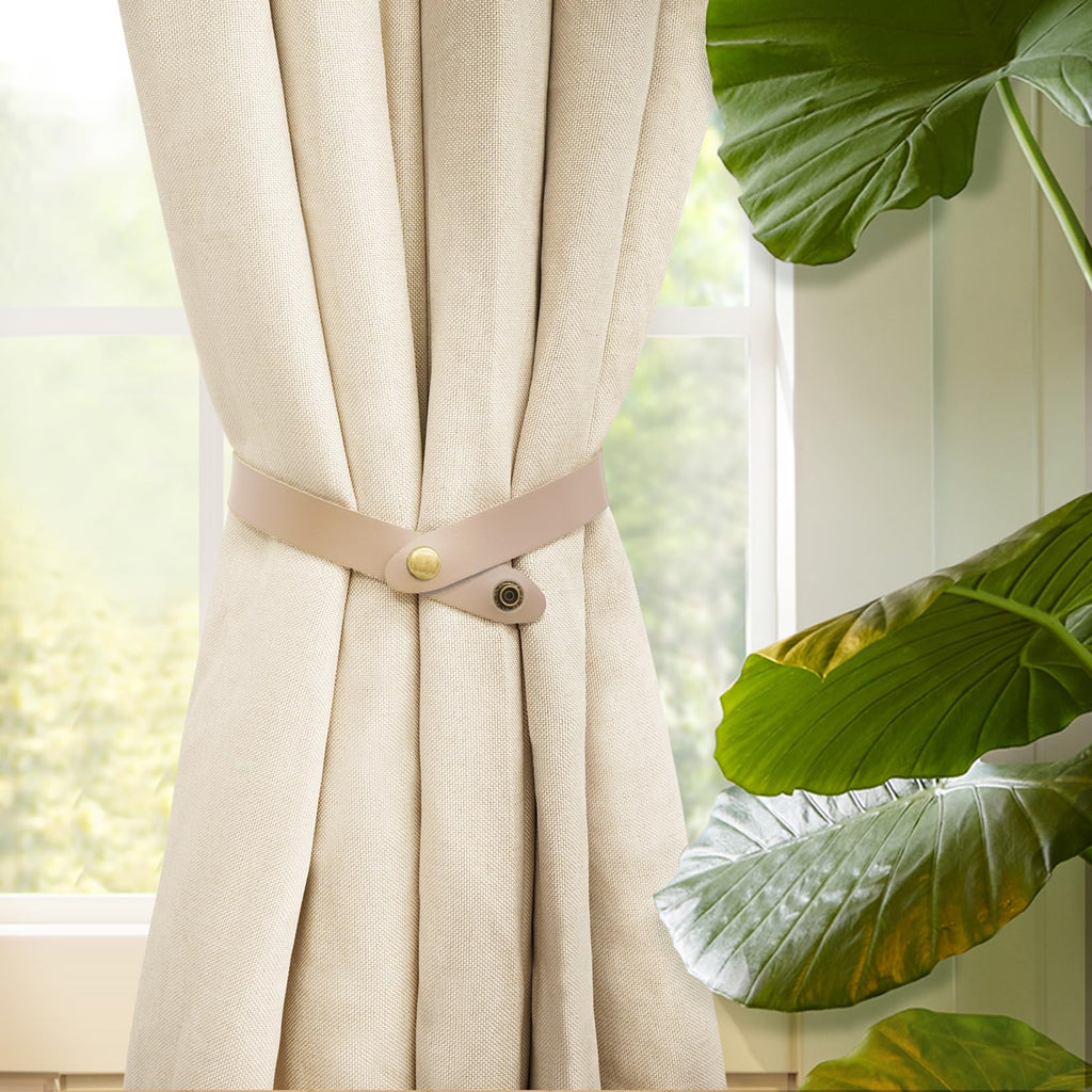 PU Leather Curtain Tiebacks, No Drill Holdbacks, Beige, 2 Pack