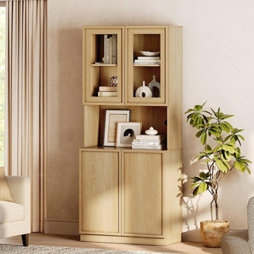 Modern 72" Tall Bookshelf with Glass Doors & Adjustable Shelves, Library Bookcase with Closed Storage Cabinet and
