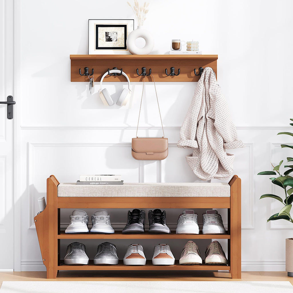 31.5" Shoe Bench with Coat Rack Hidden Drawer and Side Holder, 2 Tier Entryway Bench with Storage, Bamboo Shoe Rack