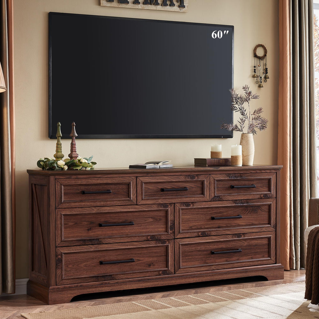 7 Drawer Dresser, 52" Wide Farmhouse Chest, Brown