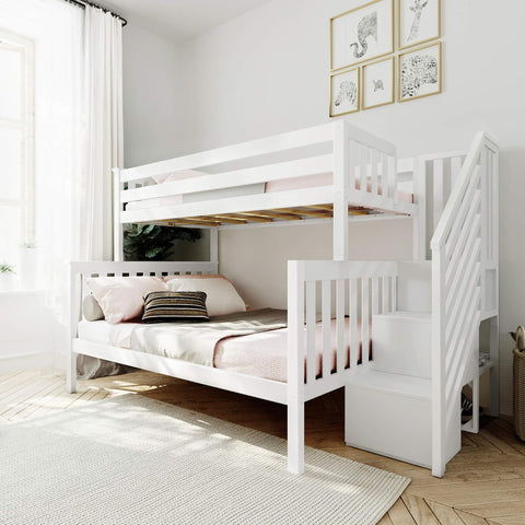 Bunk Bed, Twin-Over-Full Bed Frame For Kids With Stairs, White