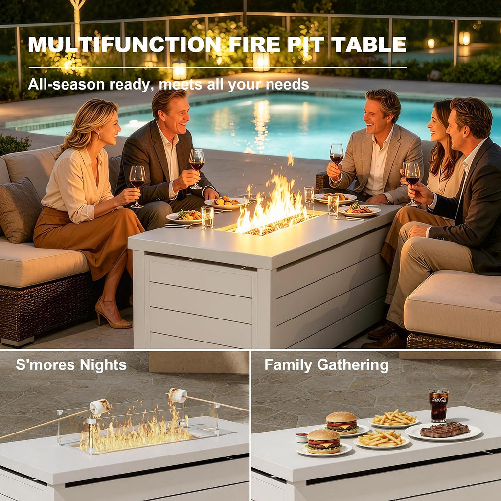 Outdoor Propane Fire Pit Table, 60,000 BTU Rectangular Gas Fire Pit with lid, Glass Bead and top Cover, 3 in 1 Fire