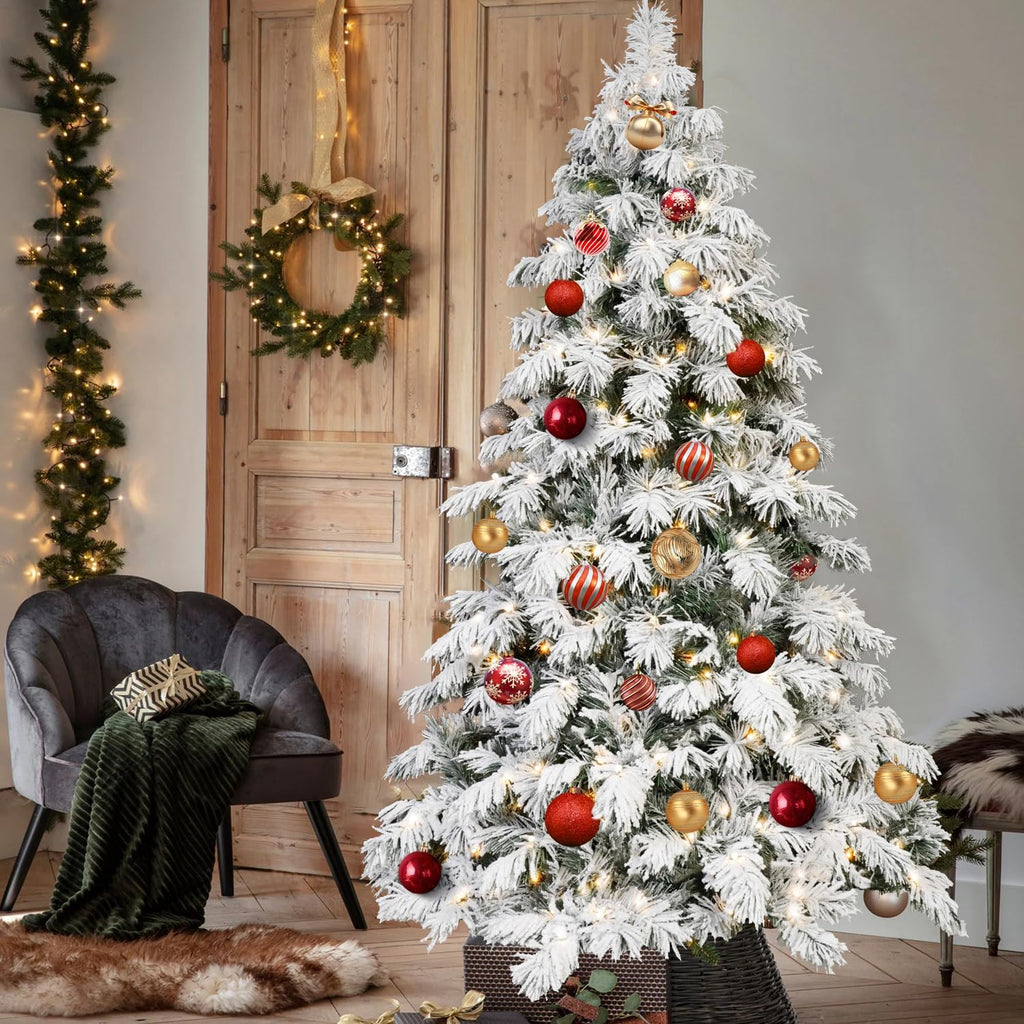Prelit Flocked Christmas Tree, Premium Artificial Christmas Tree with 270 Warm White Lights and 594 Branch Tips