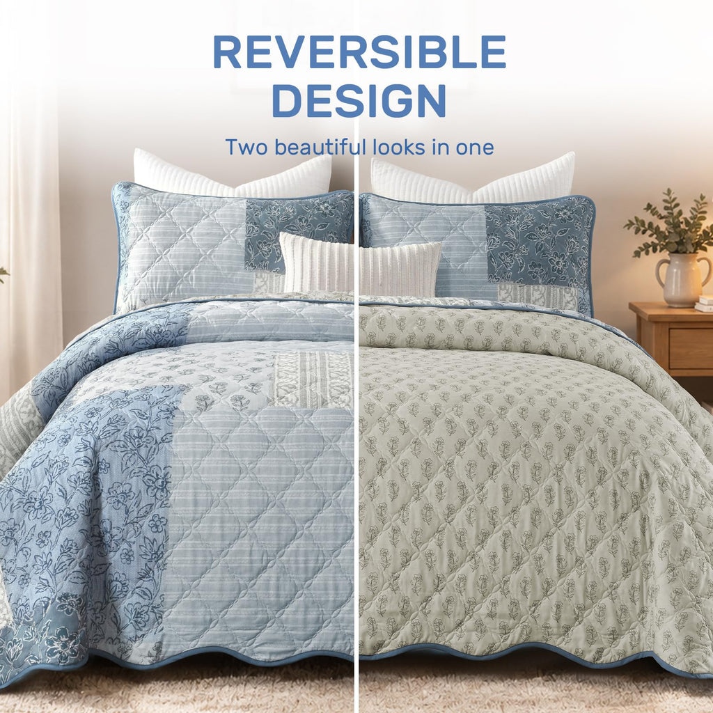 Blue Quilt Set, Reversible Floral Patchwork Bedspread