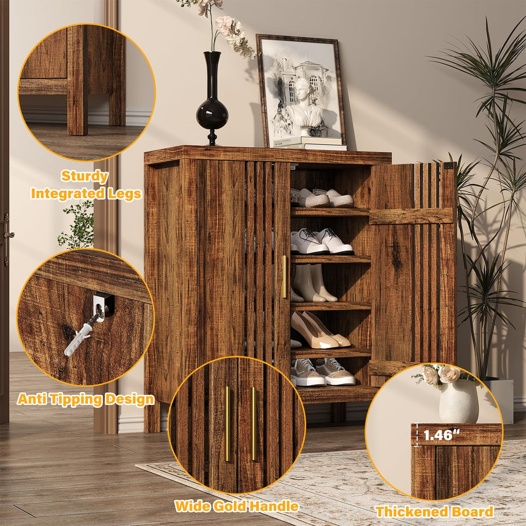 Wooden Shoes Cabinet with Adjustable Shelves, Retro Freestanding Shoe Organizer Cabinet Hallway Living Room, 5-Tier