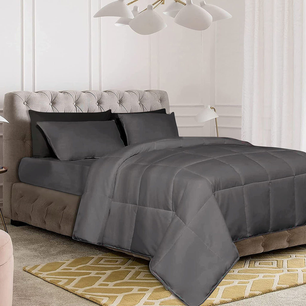 Full/Queen Size 1000 Thread Count | 550 GSM Fiber Fill | Solid Dark Grey Down Alternative 3 Piece Box Design