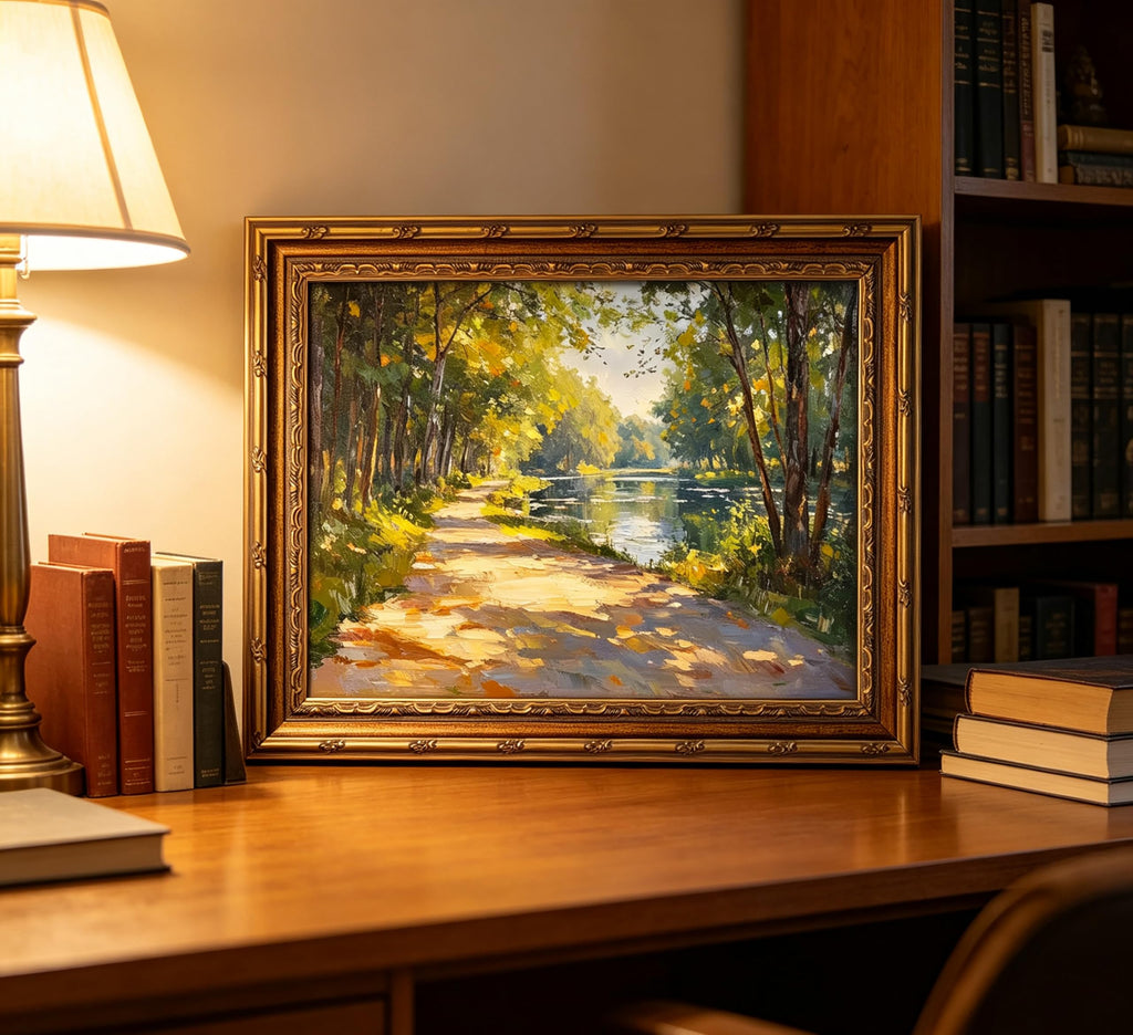 Vintage Gold Framed Canvas Wall Art Sunshine Forest Impressionist Landscape Painting Picture Wall Decor Spring Summer
