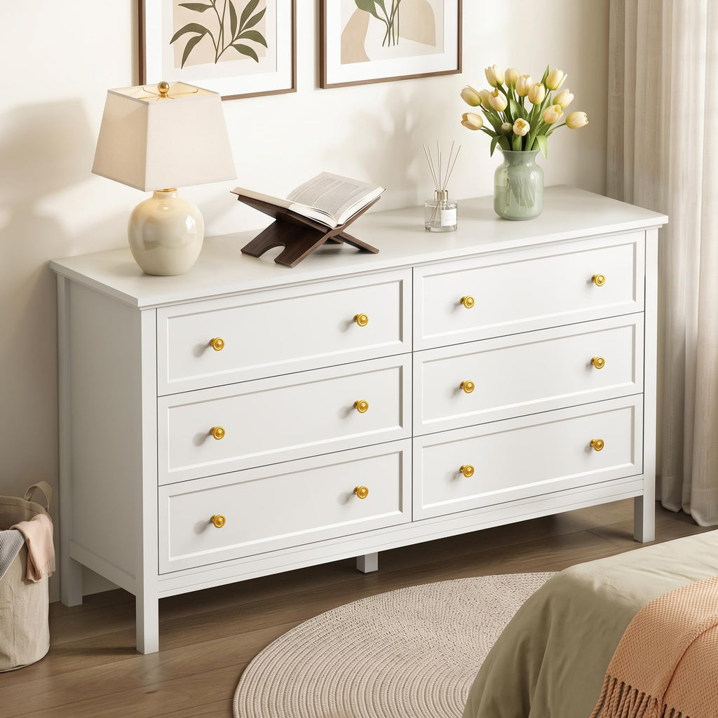 White, 55" Modern with 6 Drawers Gold Handles