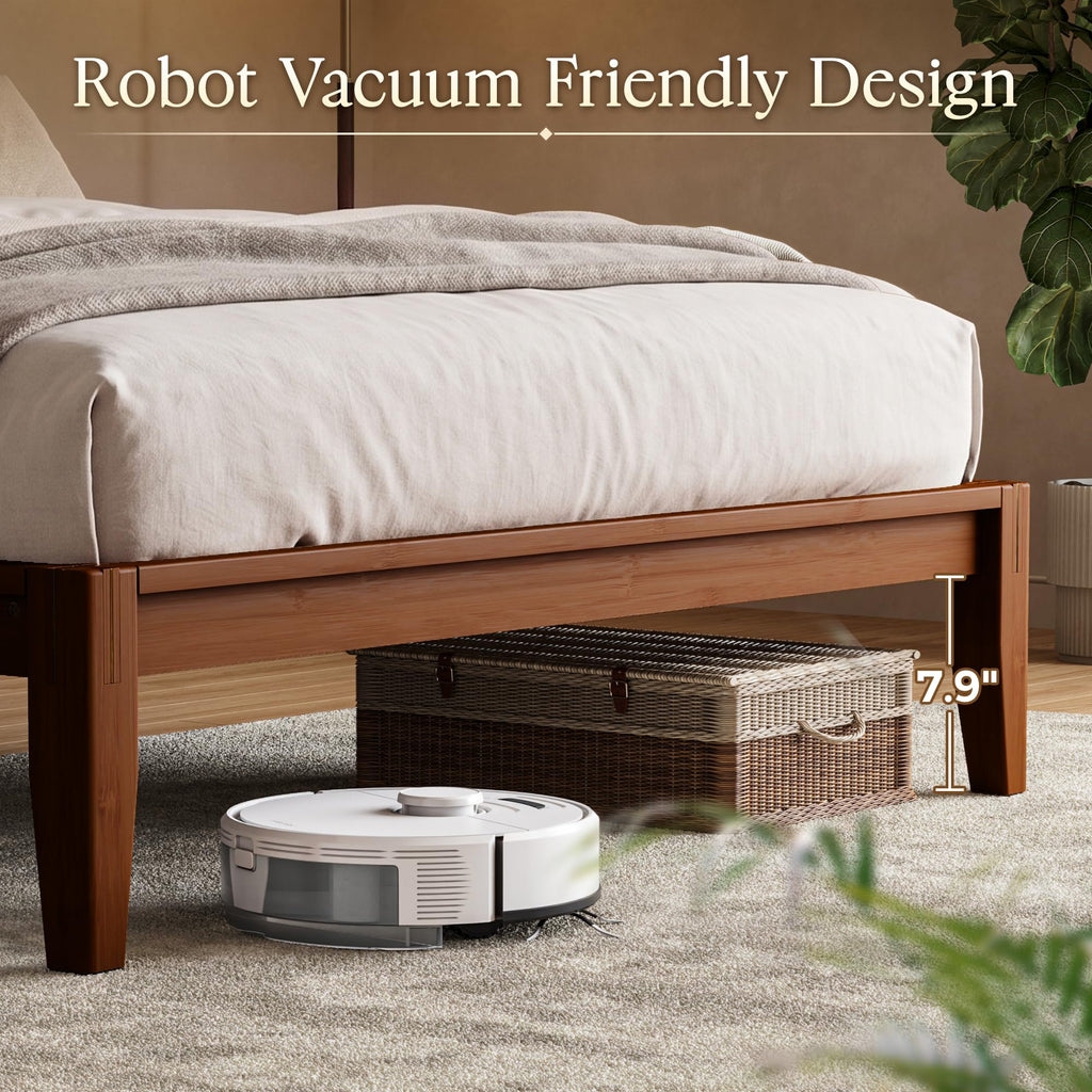 Bamboo Wood Queen Bed Frame with Charging Station & Headboard