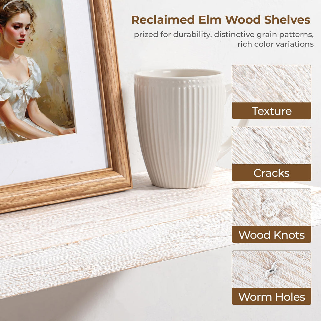 Floating Shelves for Wall, 56in Reclaimed Elm Wood Shelves, White