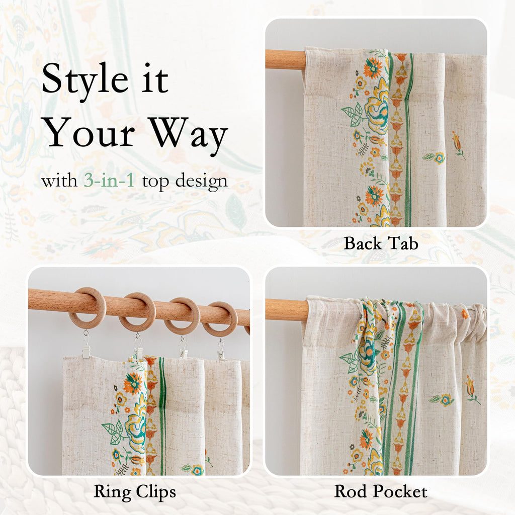 Boho Floral Curtains 72 inch Semi Sheer Linen Look Bohemian Style Farmhouse Printed Curtains Light Filtering Privacy