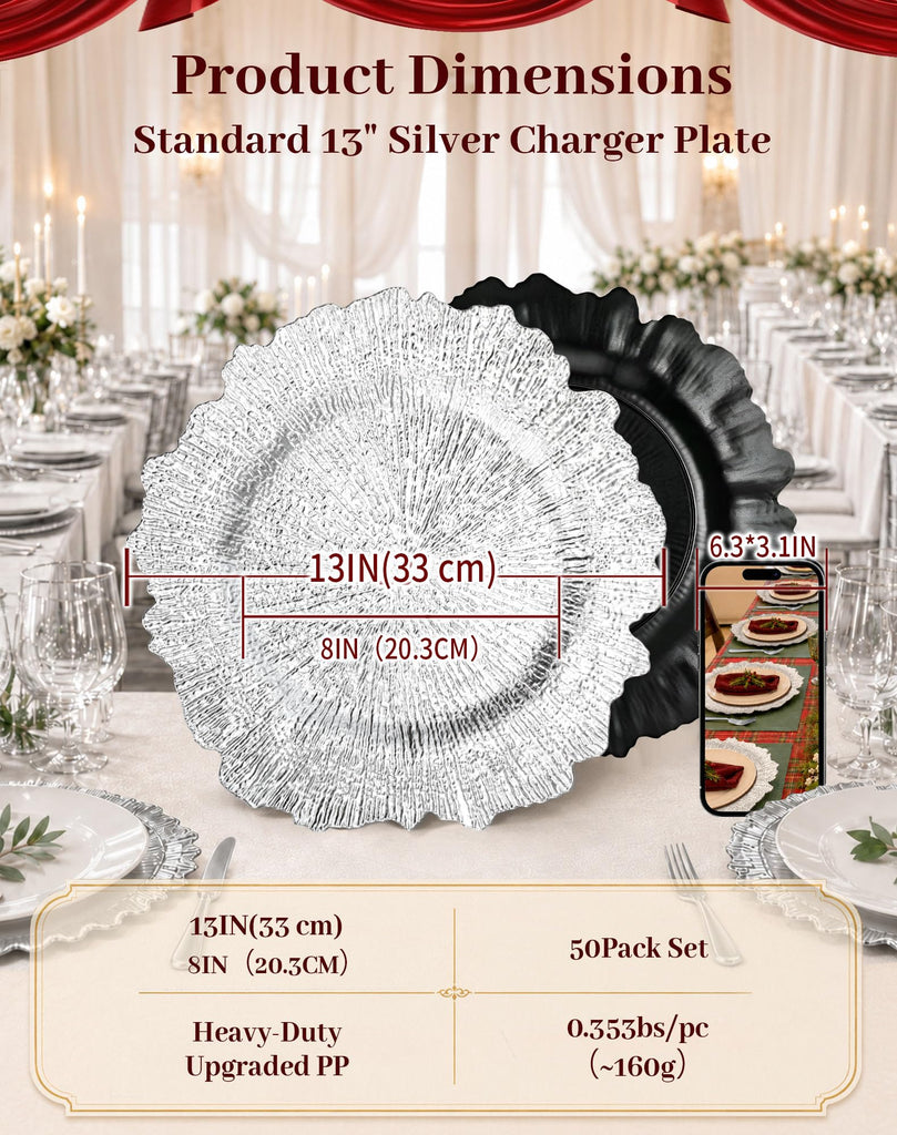 Silver Charger Plates Bulk 50Pcs, 13" Reef Chargers for Wedding