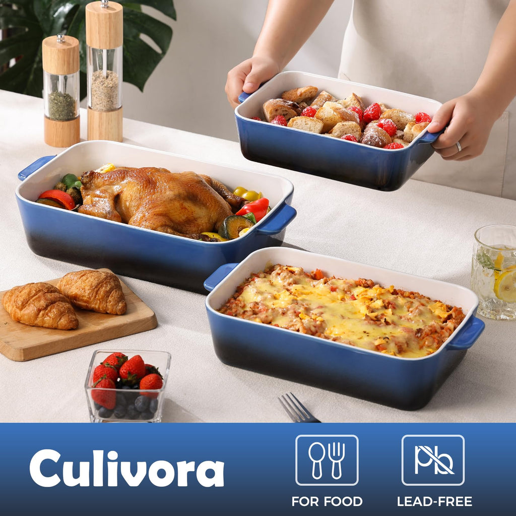 Ceramic Casserole Dish Set, Rectangular Baking Pans for Oven, Blue