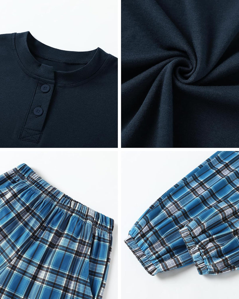 Boys Pajamas Plaid Pants Long Sleeve Henley 2 Piece Set Kids Sleepwear PJs Soft Loungewear for Boys