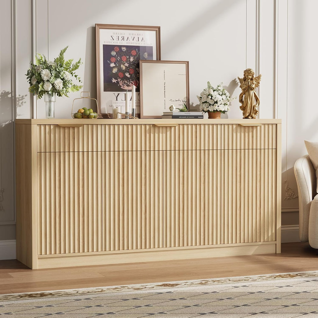 55" Buffet Sideboard Cabinet, Modern Fluted Storage Cabinets Natural | Wood Coffee Bar Storage Cabinet with 3 Drawers