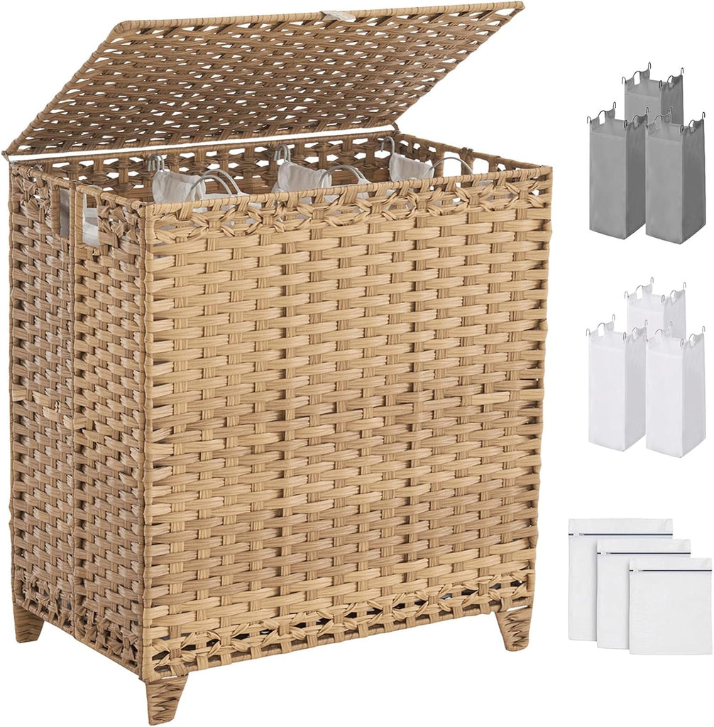 Laundry Hamper with Lid, 190L Large Laundry Basket 3 Section with 6 Removable Liner Bags & 3 Mesh Laundry Bags