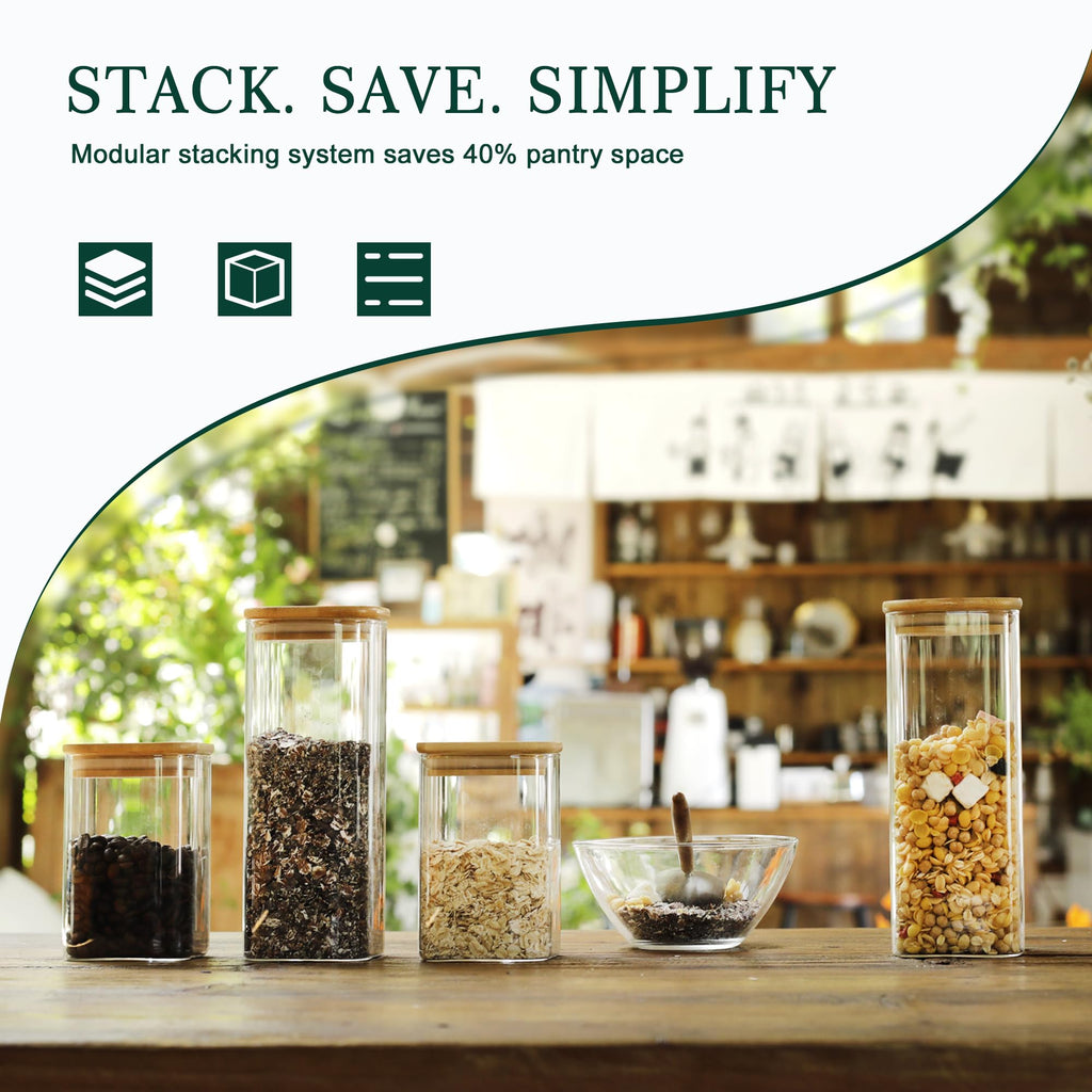 12-Pack Square Glass Storage Jars with Bamboo Lids (0.6Qt/1.06Qt) - Stackable Food Containers for Pantry