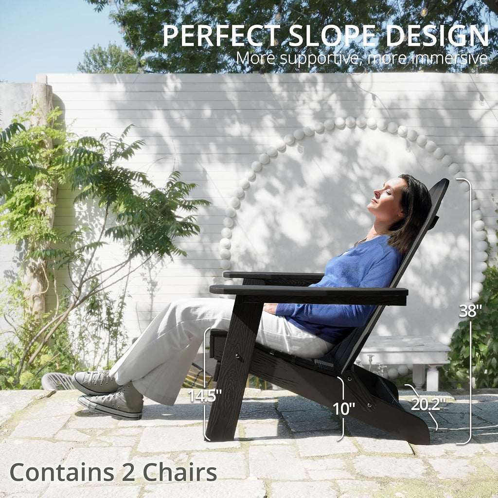 Folding Adirondack Chairs Set of 2, HDPS Fire Pit Chairs, Black | All-weather-resistant, ergonomic curved design