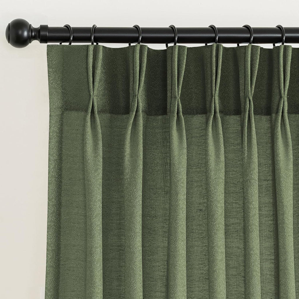 Pinch Pleated Faux Linen Curtains 90" Olive Light Filtering Drapes | Memory Shape, Jacquard Texture, Enhanced Privacy