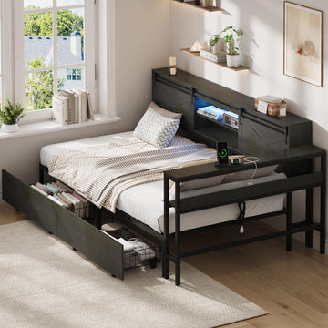 Corner Bed Frame with Storage, Bookcase Headboard & 2 Drawers, Sliding Barn Door Storage Bed Frame with